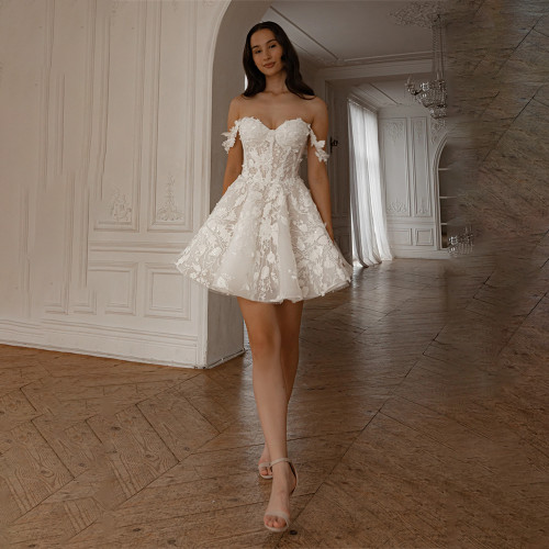 QueenLine Beautiful Two Straps Sweethat Full 3d Flower Lace Appllque Short/Mini Custom Made Wedding Dress