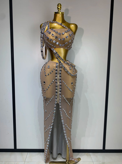 QueenLine Luxury Birthday Stage Show Wear Sparkling Rhinestones Sleelveless Evening Two Pieces Set