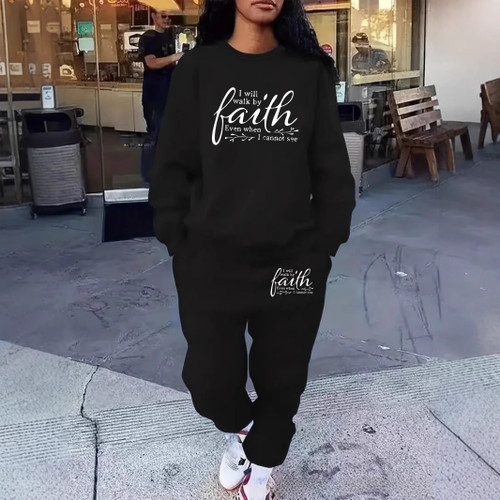 QueenLine Faith Printed Long Sleeve round Neck Fleece Lined Sweatshirt Street Style Casual Wear Polyester Fiber Set