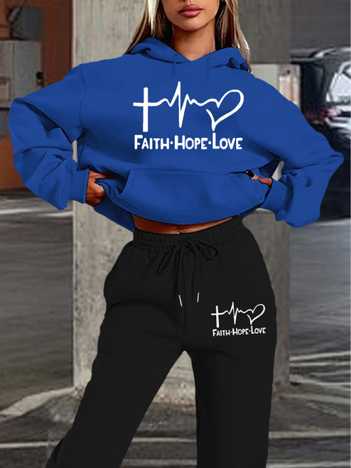 QueenLine casual sports warm FAITH HOPE LOVE letter printed thick fleece hooded autumn and winter  sweatshirt+sports pants set