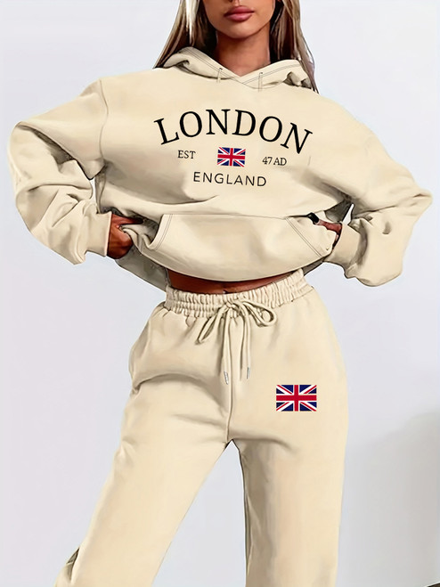 QueenLine casual London England pattern print with thick fleece warm hooded sweatshirt+sports autumn and winter pants set