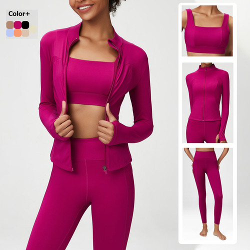 QueenLine 2/3 Pieces Sexy Bra Zipper Jacket High Waist Leggings Fitness Solid Color Stretch Athletic Sportswear Yoga Set