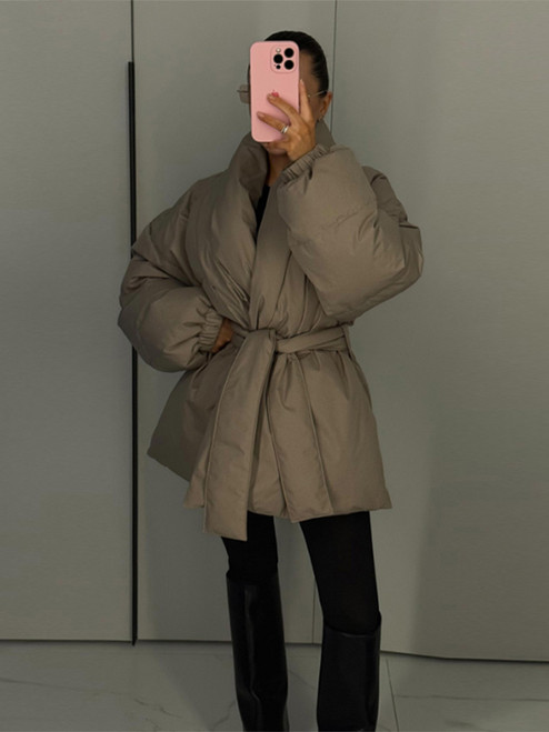 QueenLine Casual Winter Lace Up Cotton Padded Jacket Pocket Long Sleeve V-neck Solid Lady Outwear Tops Coat