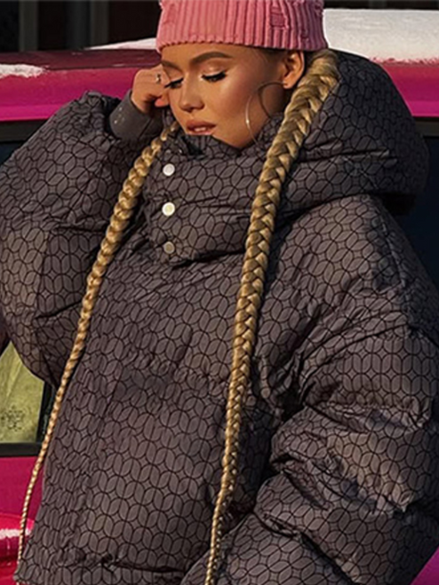 QueenLine Cotton Stand Collar With Hat Full Sleeve Print Padded Winter Casual Loose Lady Jackets Coat