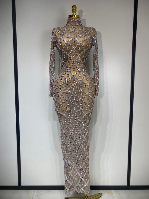 QueenLine Celebrity Luxury Stage Shining Rhinestone Sequin Long Evening Sexy Birthday Gown.