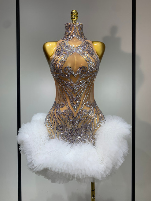 QueenLine Luxury Celebrity Diamonds Mesh Sexy See Through Cocktail Evening Mini Dress