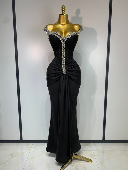 QueenLine Luxury Elegant Celebrity Sexy Off Shoulder Shinning Diamond Bodycon Long Bandage Evening  Wedding Dress