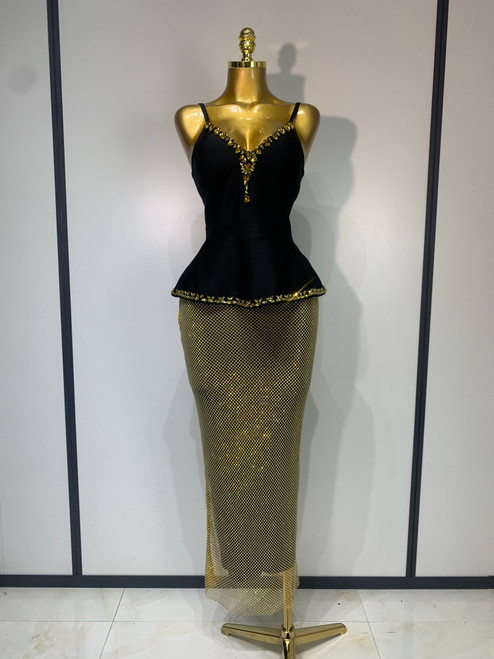 QueenLine Celebrity Elegant Sexy Diamonds Maxi Long  Designer Evening Two Pieces Skirt Bandage Set