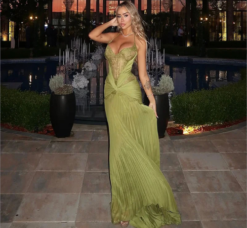 QueenLine Elegant Customized Sexy Mermaid Pleat Lace Sleeveless Prom Evening Dress