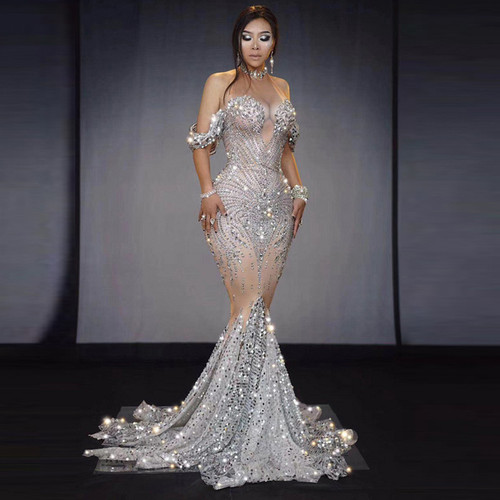 QueenLine Elegant Off-the-shoulder Bright Crystal Sequins Fishnet Wedding Dress