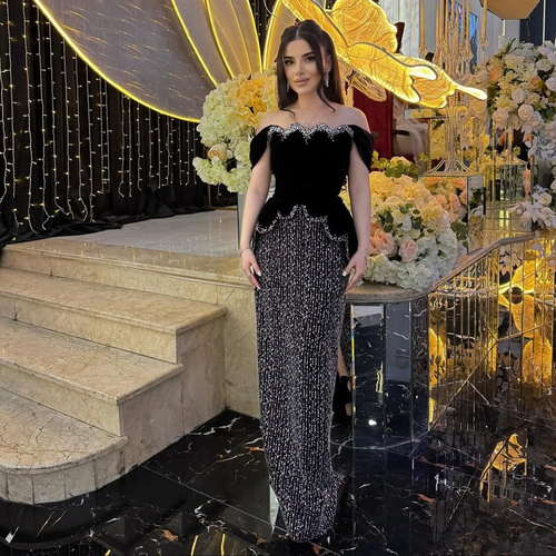 QueenLine Customized Luxury Beaded Off the Shoulder Slit Elegant Arabic Prom Evening Dress