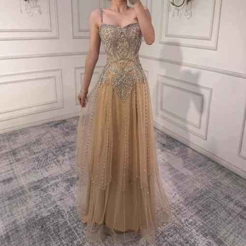 QueenLine Luxury Nude Customized Beaded A-Line  Evening Gowns