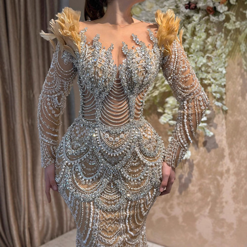 QueenLine Luxury Customized Nude Beaded Mermaid  Long Sleeves Evening Gown with Feather