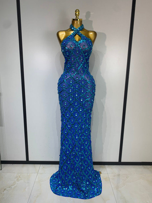 QueenLine Celebrity Luxury Sexy Halter Rhinestones Mesh Transparent Blue Maxi Long Evening Prom Gowns