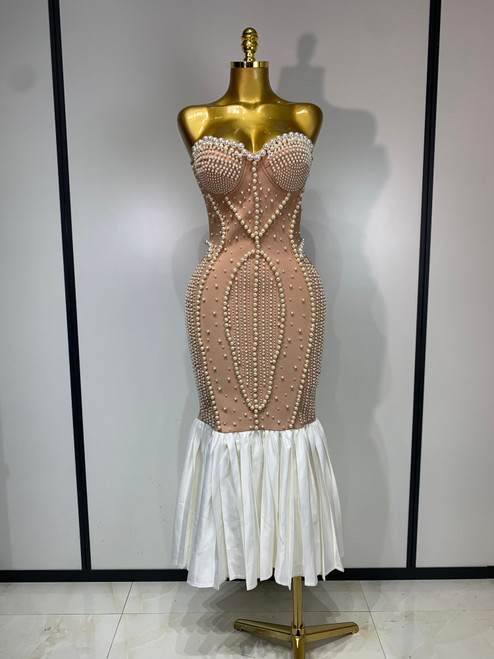 QueenLine Luxury Elegant  Sexy Strapless Backless Pearl Maxi Long Bandage Knitted Bodycon Dress