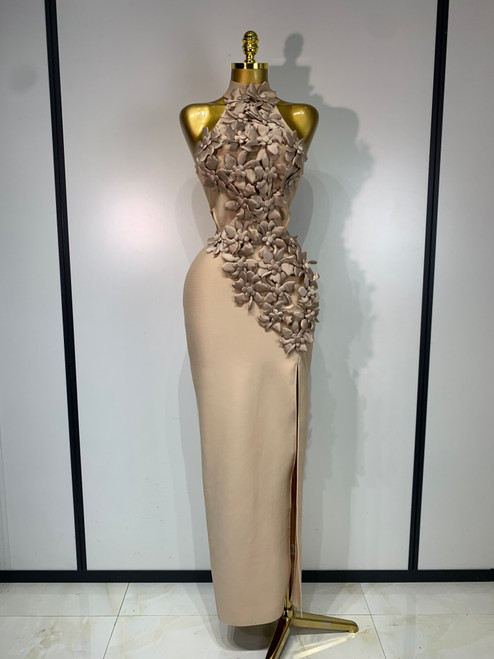 QueenLine Luxury Elegant Sexy Sleeveless Flower Bodycon Split Knitted Bandage Evening Dress