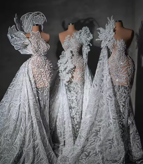 QueenLine 3 Designed Ivory Beaded Customized Engagement Evening Dress