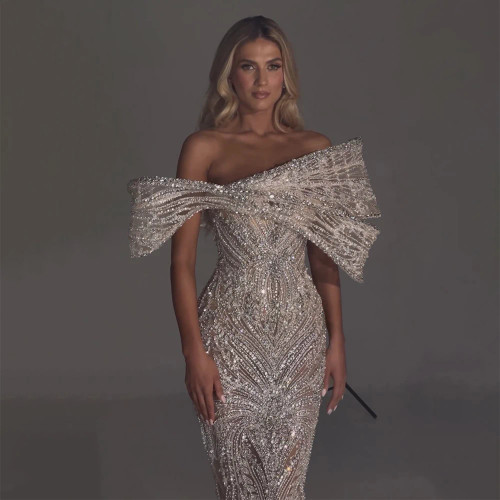 QueenLine Customized Luxury Off Shoulder Silver Nude Beaded Mermaid Saudi Evening Dress
