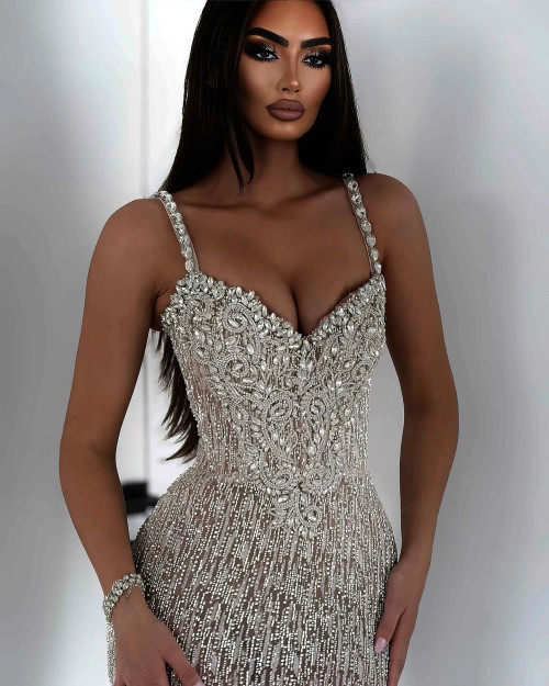 Gorgeous Crystal Prom Dresses Elegant Beaded Spaghetti Straps Evening Dress Floor Length Rhinestones Party Gown Customized