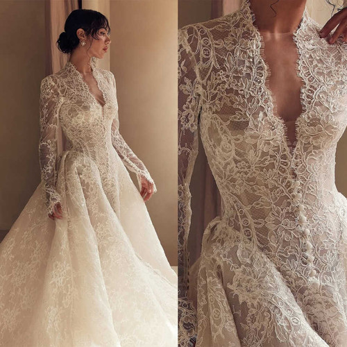 QueenLine Customized A-Line Appliques Lace Long Sleeve Floor-Length Wedding Dress