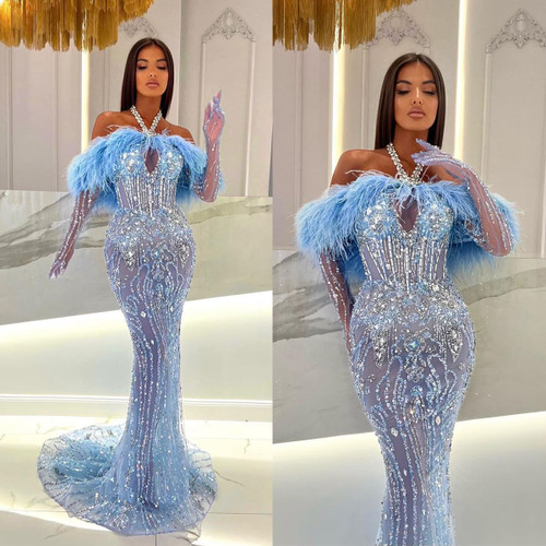 QueenLine Luxury Side Split Custom Made Gorgeous Blue Mermaid Halter Crystal Sequins Feather Evening Gowns