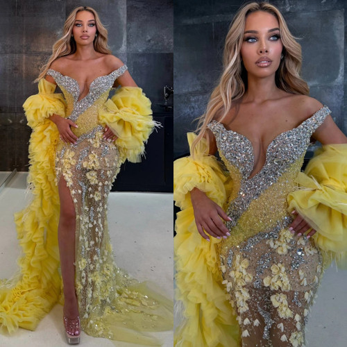 QueenLine Exquisite 3D Flowers Crystal High Side Sequin Customized Off Shoulder Evening Prom Gowns with Tail
