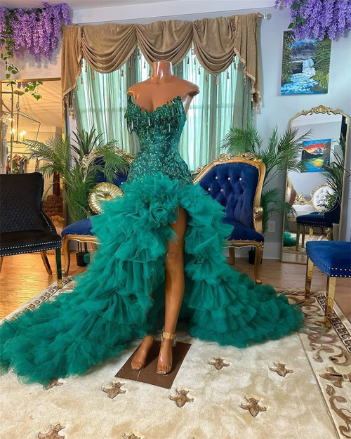 QueenLine Customized V-neck Slit Ruffles Beaded American African Teals Evening Gowns