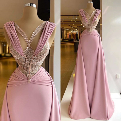 QueenLine Customized Appliques Sequins Stunning Mermaid V Neck Sleeveless Evening Dress