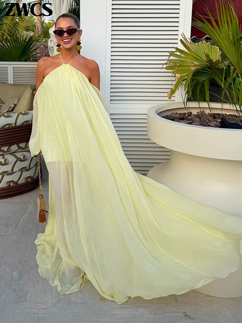 QueenLine Celebrity Sexy Halter Backless Yellow Big Hem Off-shoulder Long Loose Beach Dress