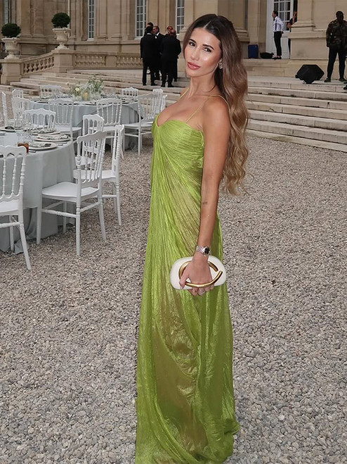 QueenLine Celebrity Green Pleated Off Shoulder Sleeveless Sexy Backless Lace Up Sling Long Evening Dress