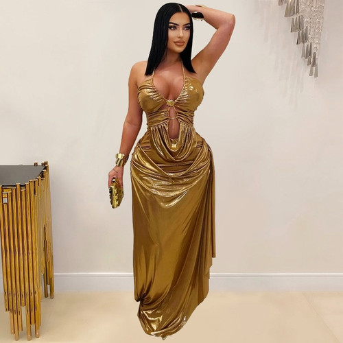 QueenLine Celebrity Sexy Gold Metallic Halter V-neck Backless Ruched Hollow Out Wedding Guest Evening Dress