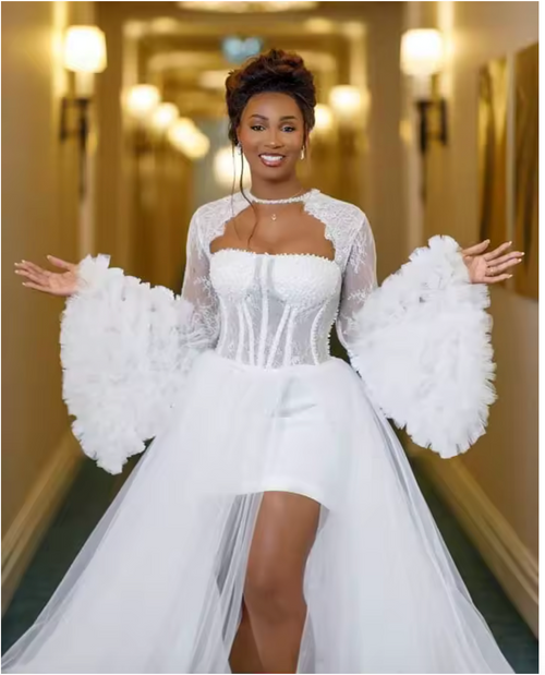QueenLine Customized Luxury Long Flare Sleeve Train Corset Tiered Ruffles Civil White Wedding Dress