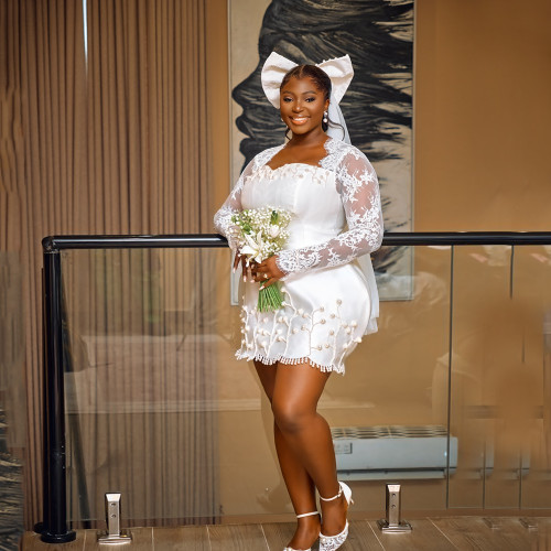 QueenLine Customized Curvy Long Sleeves Pearls Lace Satin African Short Civil Court Bridal Gown