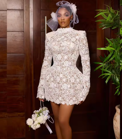 QueenLine Modern Customized Nigeria High Collar Long Sleeve Civil Bridal Short Pre-wedding Dress
