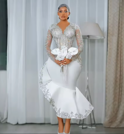QueenLine Customized Long Sleeves Rhinestone Tea Length Bridal Reception Civil Mermaid Wedding Dress
