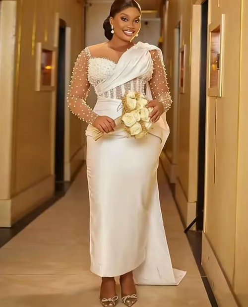 QueenLine Customized Ivory Sheer Neck Long Sleeve Corset Pearls Nigeria Courthouse Civil Wedding Dress