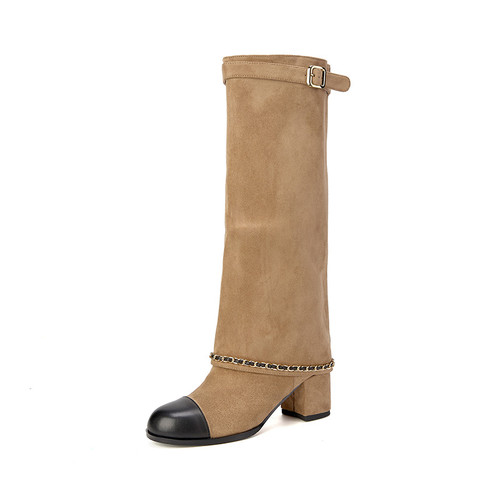 QueenLine Cowhide Knee high Round toe Suede Pull-on Turned-over Edge Chunky heel boots
