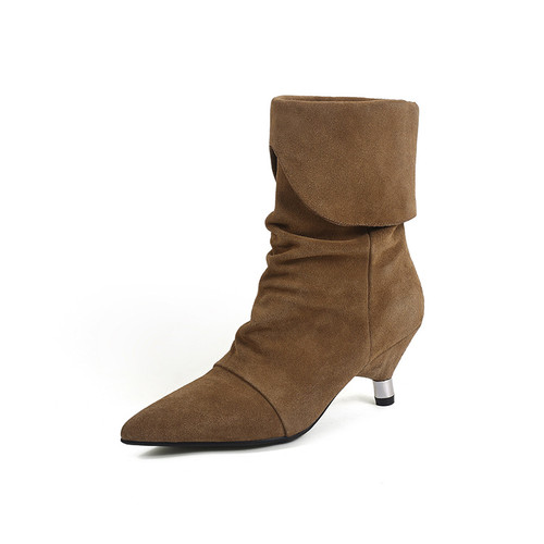 QueenLine Luxury Cow suede Pleated Pointed toe Turned-over Edge pull-on Chunky heels Short boots