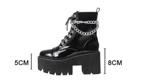 QueenLine Patent Leather Gothic Black Boots Women Heel Sexy Chain Chunky Heel Platform Boots Female Punk Style Ankle Boots Zipper