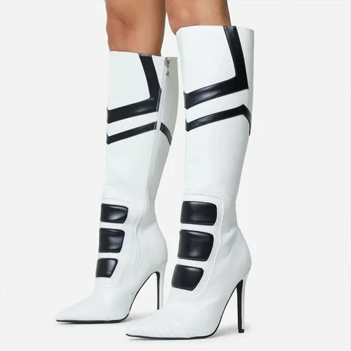 QueenLine Patchwork Sewing Matten Leather Knee High Sexy Pointed Toe Zipper Boots