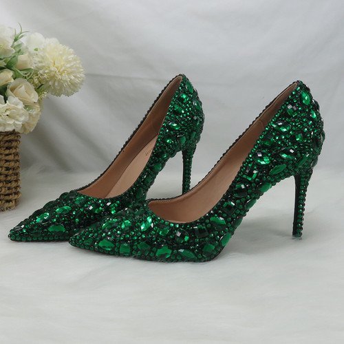 QueenLine Green Crystal Thin Heel Pointed Toe Bridal High Pumps