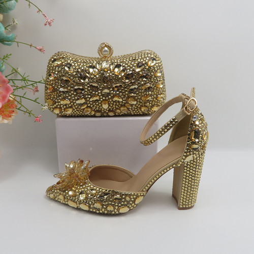 QueenLine Luxury Ankle Strap Champagne Gold and purse Bridal High Pumps