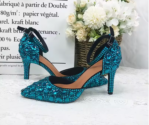 QueenLine Teal Blue Luxury crystal ankle strap Pointed toe High Buckle Bridal shoes