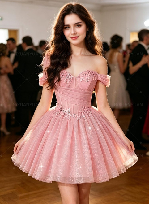 QueenLine Luxury Customized Sparkly Tulle Lace Appliques Off Shoulder Teens Quinceanera Short Homecoming Dress