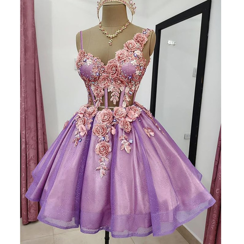 QueenLine Customized Luxury Elegant Glitter Tulle 3D Floral Spaghetti Straps Short Homecoming Dress