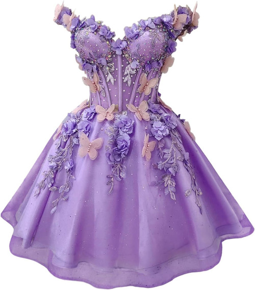 QueenLine Luxury Teens Off Shoulder Customized Quinceanera Puffy Tulle Butterfly Short Homecoming Dress
