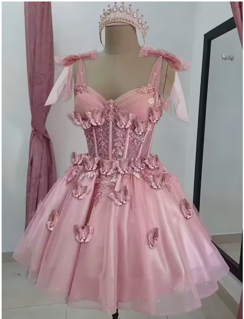 QueenLine Luxury Customized Teens Butterfly Short Glitter Tulle Lace Cocktail Homecoming Dress with Bow