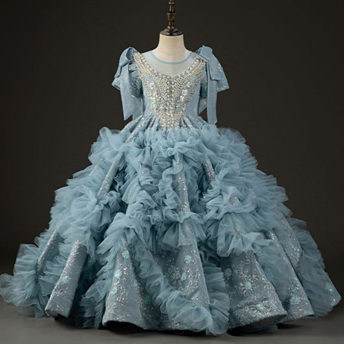 QueenLine Luxury Arabic Dubai Blue Pearls Beaded Princess Flower Girl Dress