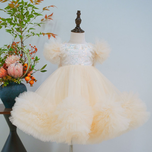 QueenLine Luxury Elegant Gold Princess White Pink Flower Girl Dress