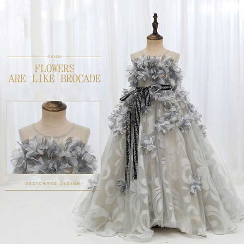 QueenLine Luxury Handmade A-Line Gray  Flower Ribbons Princess Girl Dress